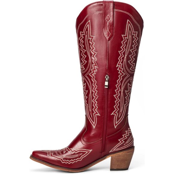Women's Western Knee Chunky High Heel Red Embroidered Side Zipper Boots - Picture 2 of 7